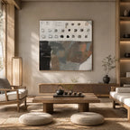Wabi-Sabi abstract oil painting showing layered abstract marks, texture and expressive painterly movement.