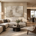 Wabi-Sabi abstract oil painting showing layered abstract marks, texture and expressive painterly movement in a brown palette.