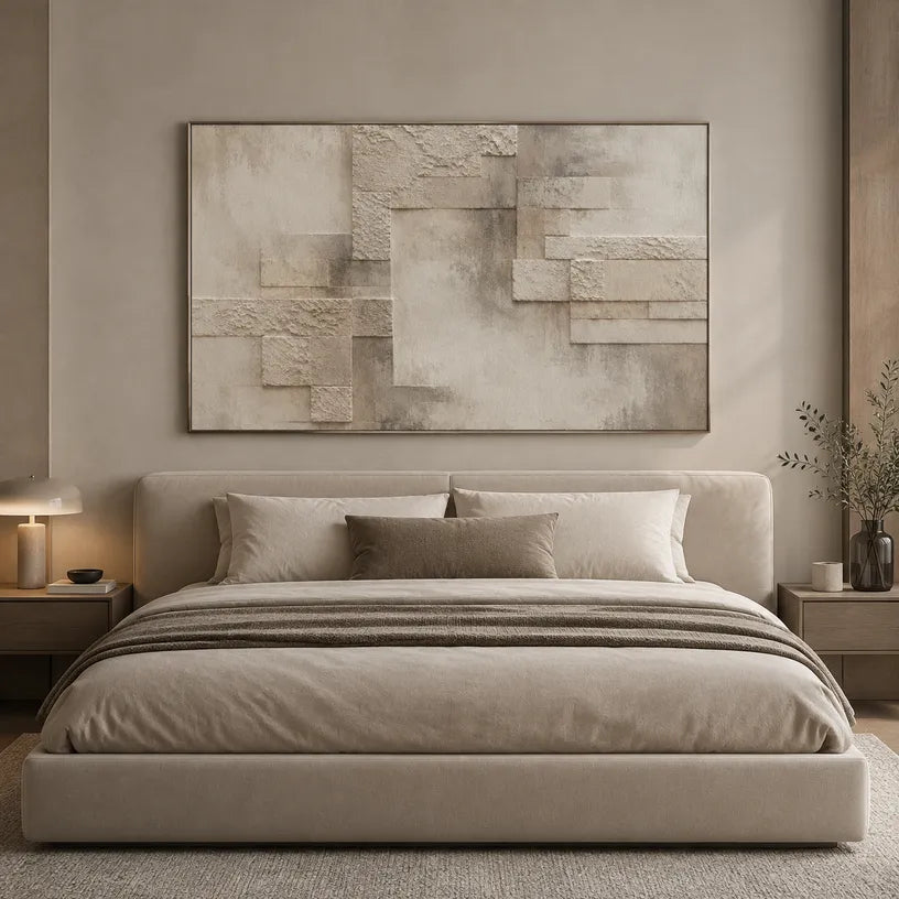 Wabi-Sabi abstract oil painting showing layered abstract marks, texture and expressive painterly movement in a brown palette.