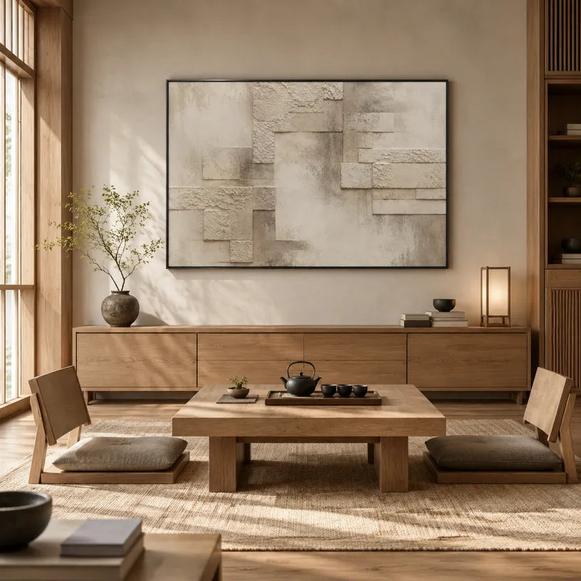 Wabi-Sabi abstract oil painting showing layered abstract marks, texture and expressive painterly movement in a brown palette.