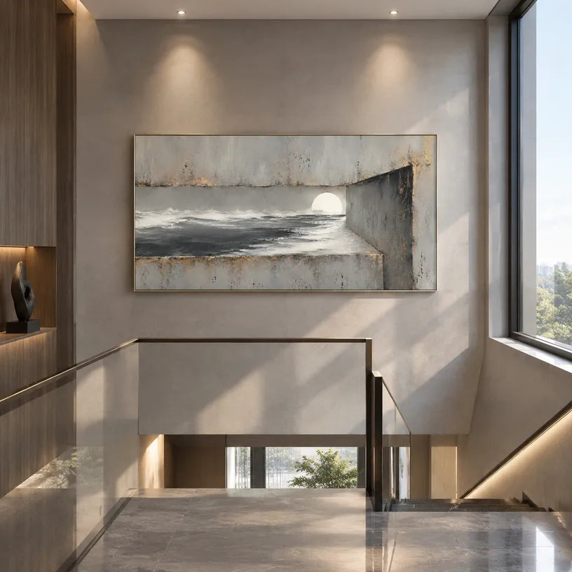 Wabi-Sabi abstract oil painting showing layered abstract marks, texture and expressive painterly movement in a grey palette.