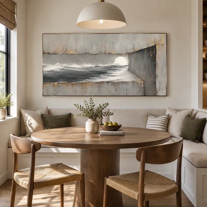 Wabi-Sabi abstract oil painting showing layered abstract marks, texture and expressive painterly movement in a grey palette.