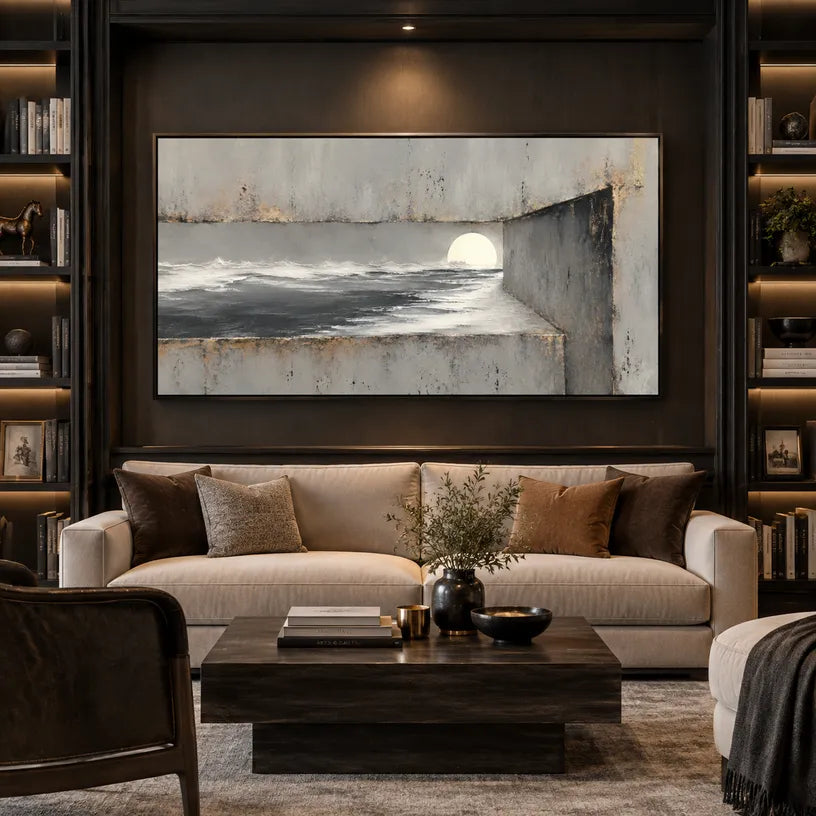 Wabi-Sabi abstract oil painting showing layered abstract marks, texture and expressive painterly movement in a grey palette.