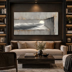Wabi-Sabi abstract oil painting showing layered abstract marks, texture and expressive painterly movement in a grey palette.