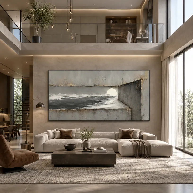 Wabi-Sabi abstract oil painting showing layered abstract marks, texture and expressive painterly movement in a grey palette.