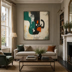 Wabi-Sabi abstract oil painting showing layered abstract marks, texture and expressive painterly movement in a beige palette.