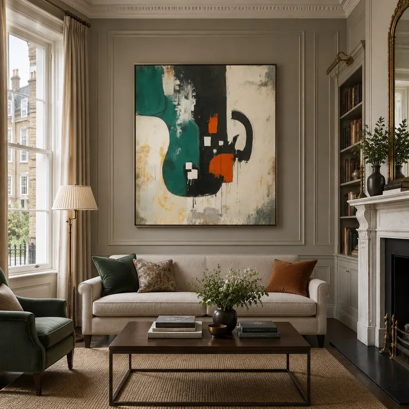 Wabi-Sabi abstract oil painting showing layered abstract marks, texture and expressive painterly movement in a beige palette.