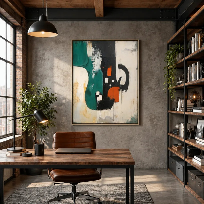 Wabi-Sabi abstract oil painting showing layered abstract marks, texture and expressive painterly movement in a beige palette.