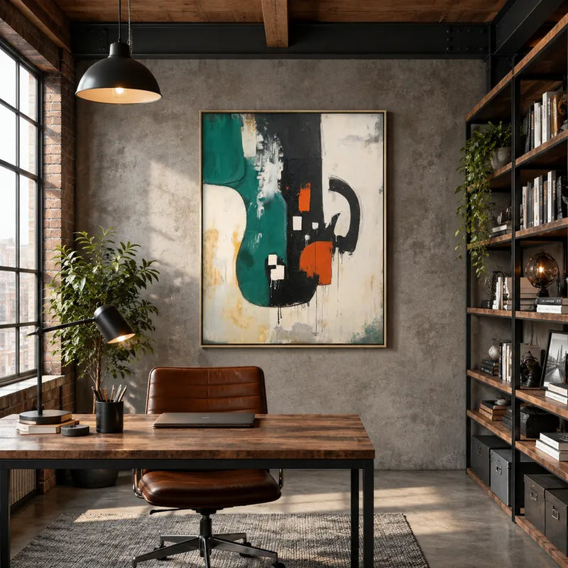 Peinture à l'huile abstraite et conceptuelle Wabi-Sabi présentant des marques abstraites superposées, une texture et un mouvement pictural expressif.