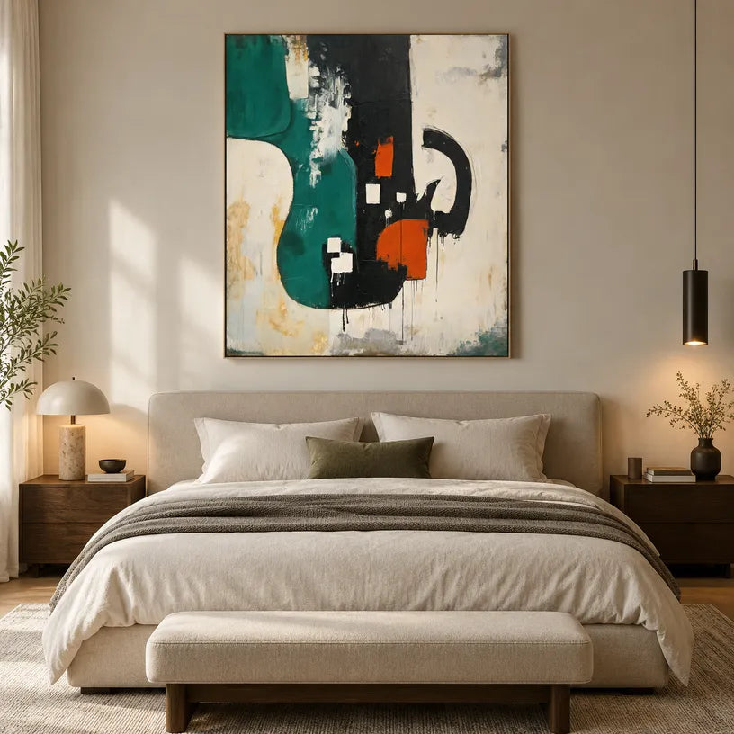 Wabi-Sabi abstract oil painting showing layered abstract marks, texture and expressive painterly movement in a beige palette.