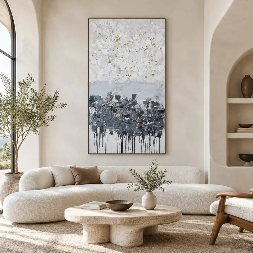 Wabi-Sabi abstract oil painting showing layered abstract marks, texture and expressive painterly movement.