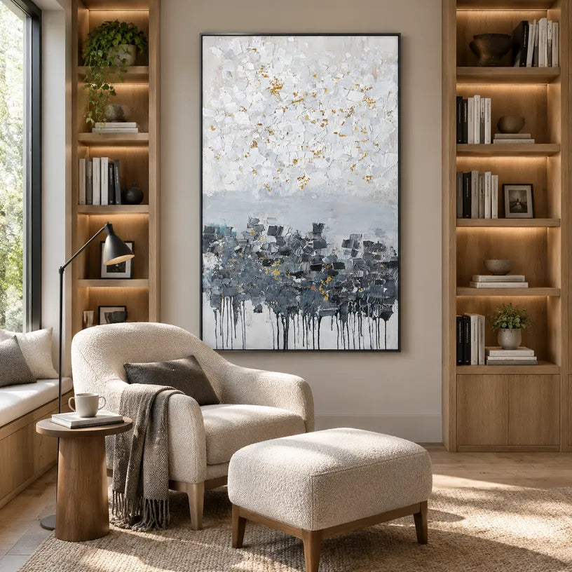 Wabi-Sabi abstract oil painting showing layered abstract marks, texture and expressive painterly movement.