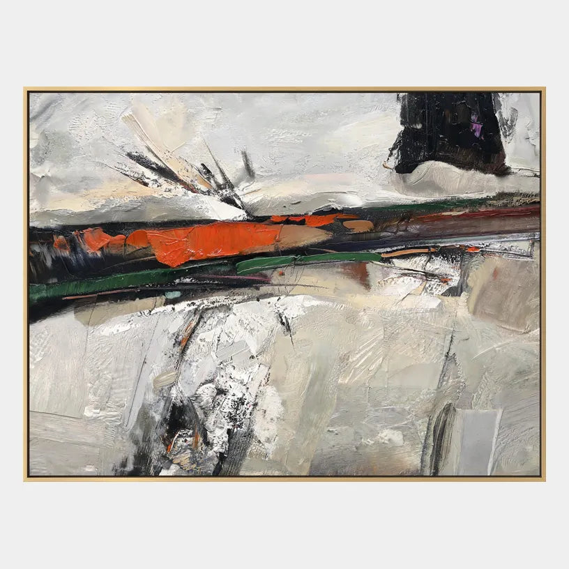 Wabi-Sabi abstract oil painting showing layered abstract marks, texture and expressive painterly movement in a grey palette.