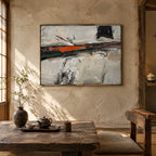 Wabi-Sabi abstract oil painting showing layered abstract marks, texture and expressive painterly movement in a grey palette.