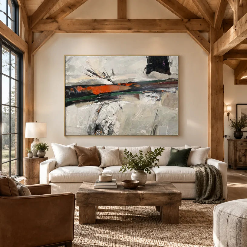 Wabi-Sabi abstract oil painting showing layered abstract marks, texture and expressive painterly movement in a grey palette.