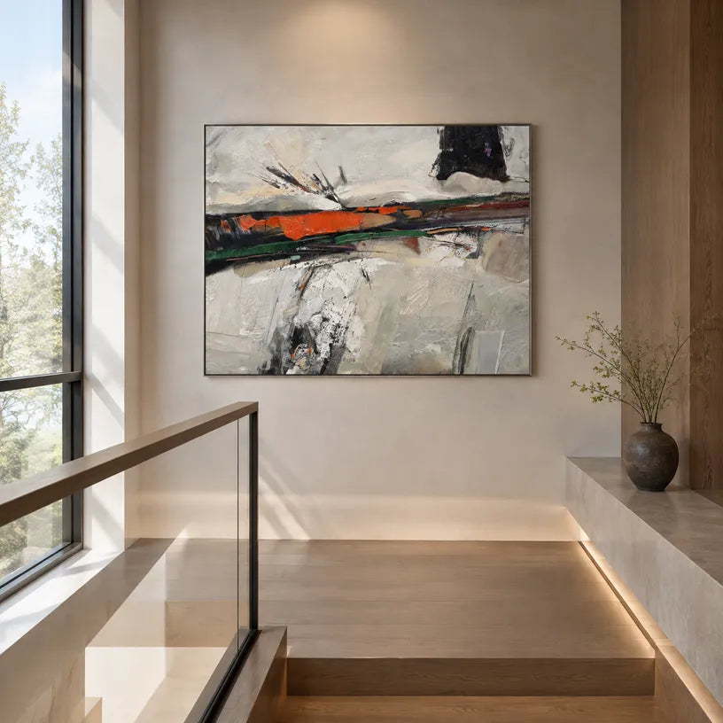 Wabi-Sabi abstract oil painting showing layered abstract marks, texture and expressive painterly movement in a grey palette.