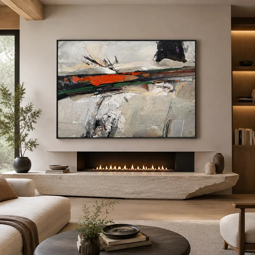Wabi-Sabi abstract oil painting showing layered abstract marks, texture and expressive painterly movement in a grey palette.