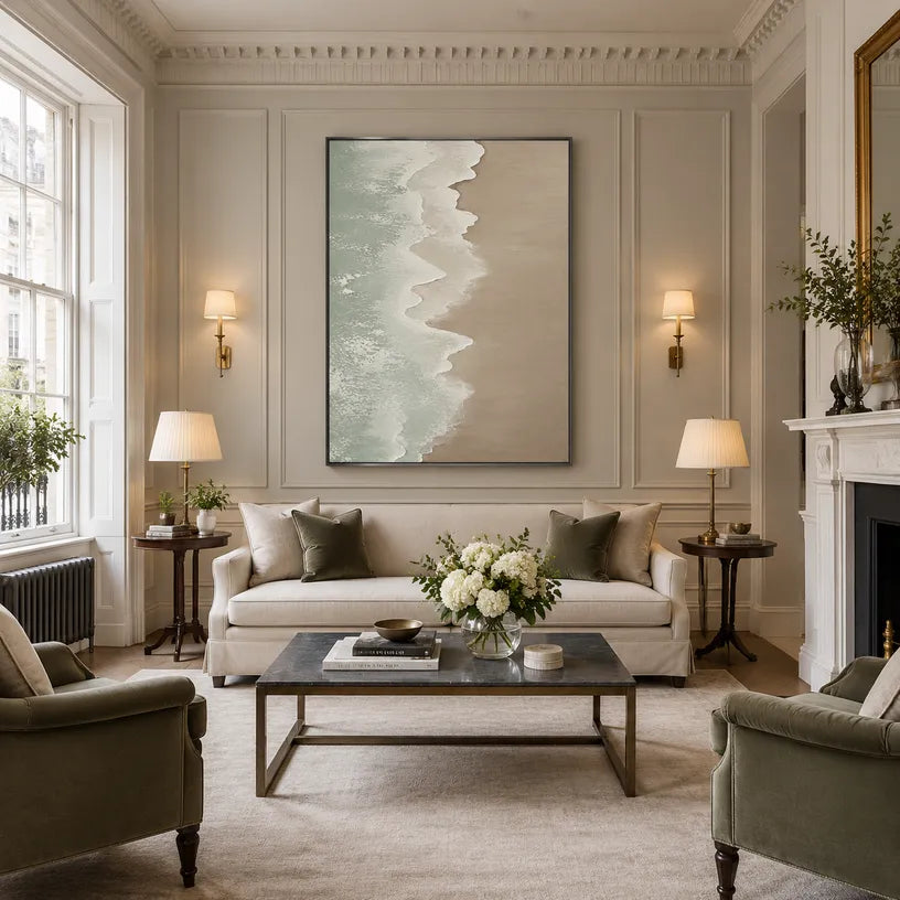Wabi-Sabi abstract oil painting showing layered abstract marks, texture and expressive painterly movement in a grey palette.