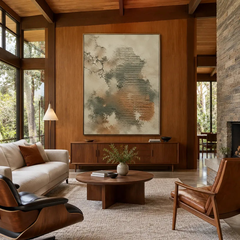 Wabi-Sabi abstract oil painting showing layered abstract marks, texture and expressive painterly movement in a yellow palette.