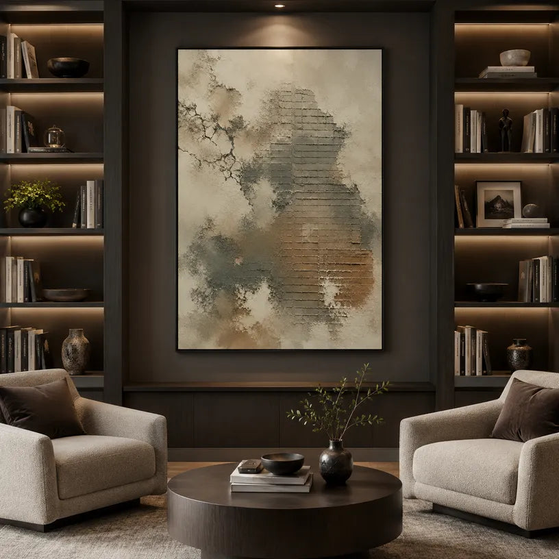 Wabi-Sabi abstract oil painting showing layered abstract marks, texture and expressive painterly movement in a yellow palette.