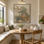 Wabi-Sabi abstract oil painting showing layered abstract marks, texture and expressive painterly movement in a yellow palette.
