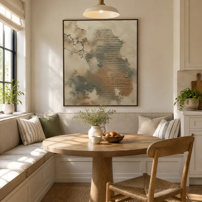 Wabi-Sabi abstract oil painting showing layered abstract marks, texture and expressive painterly movement in a yellow palette.