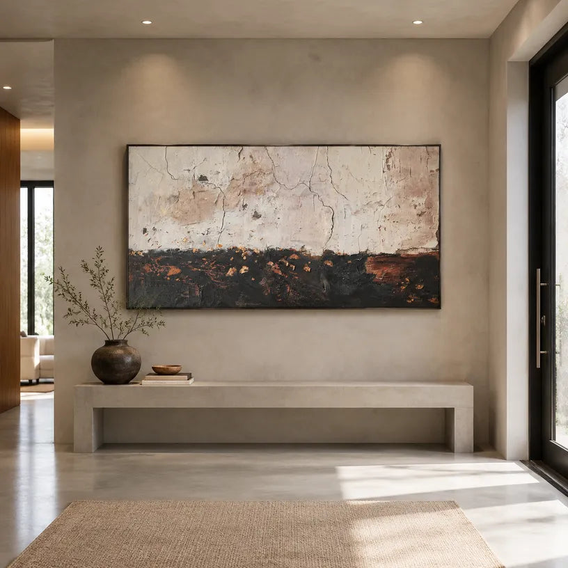 Wabi-Sabi abstract oil painting showing layered abstract marks, texture and expressive painterly movement.