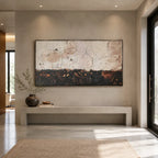 Wabi-Sabi abstract oil painting showing layered abstract marks, texture and expressive painterly movement.