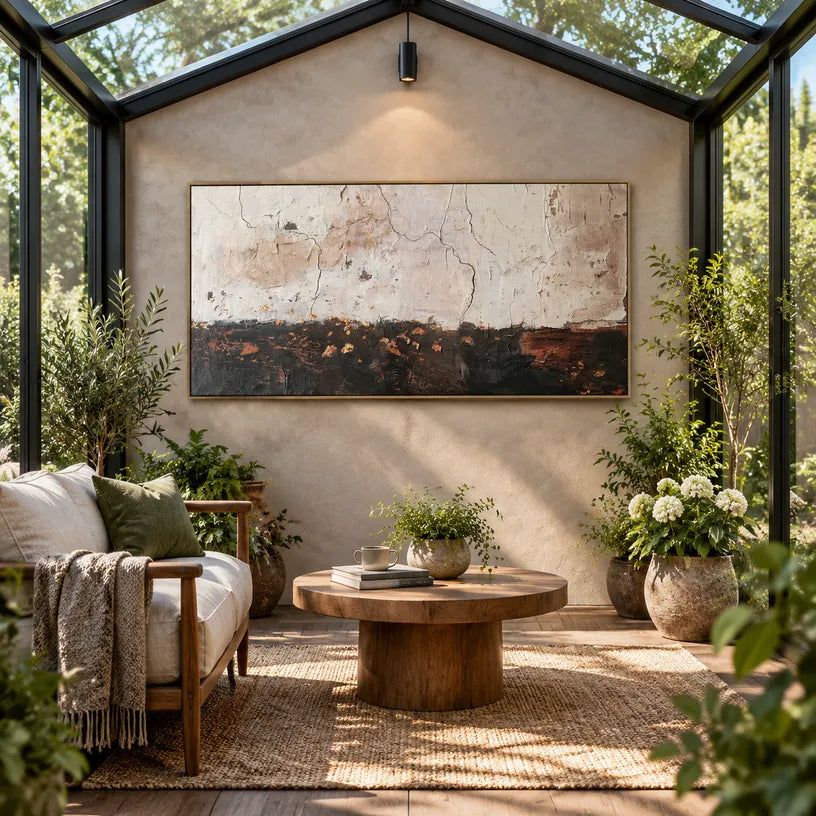 Wabi-Sabi abstract oil painting showing layered abstract marks, texture and expressive painterly movement.