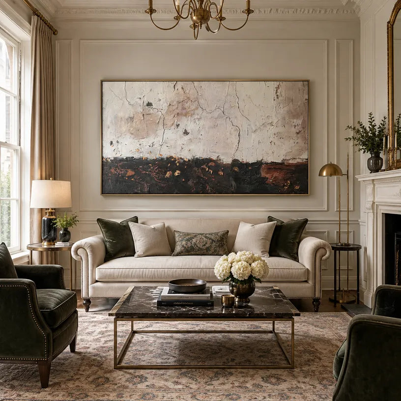 Wabi-Sabi abstract oil painting showing layered abstract marks, texture and expressive painterly movement.