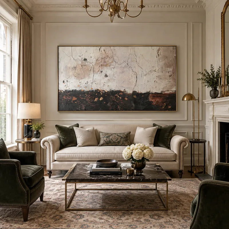 Peinture à l'huile abstraite et conceptuelle Wabi-Sabi présentant des marques abstraites superposées, une texture et un mouvement pictural expressif dans une palette beige.