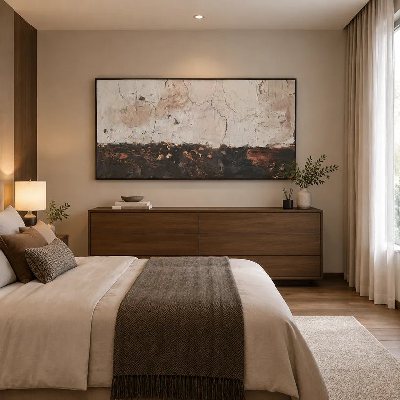 Wabi-Sabi abstract oil painting showing layered abstract marks, texture and expressive painterly movement.
