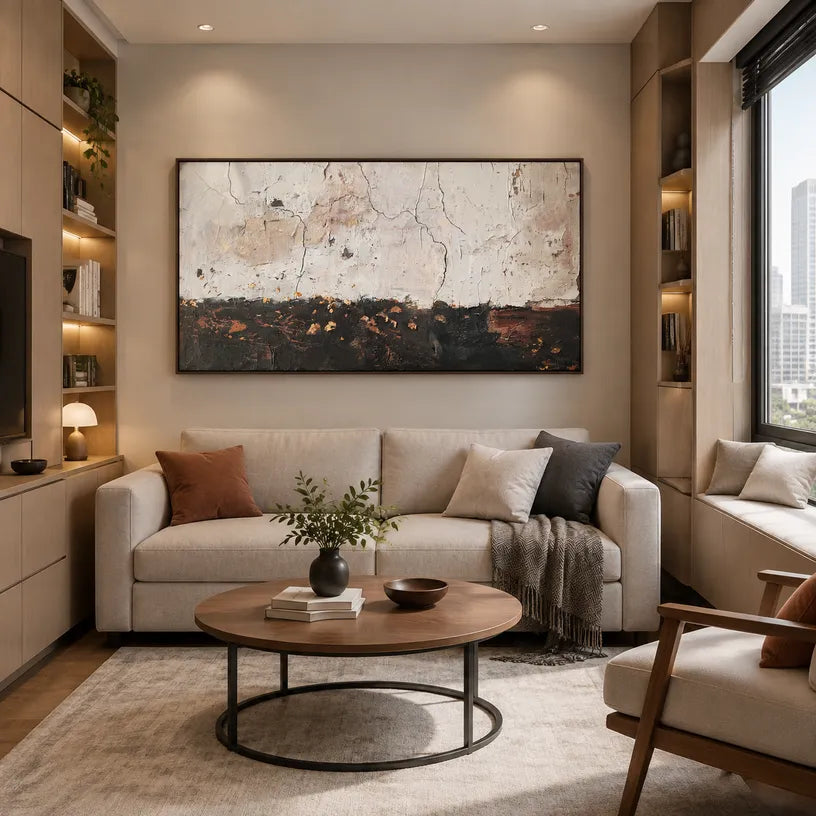 Wabi-Sabi abstract oil painting showing layered abstract marks, texture and expressive painterly movement.