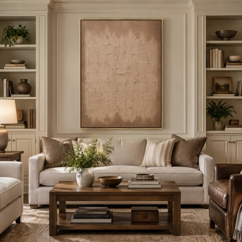 Wabi-Sabi abstract oil painting showing layered abstract marks, texture and expressive painterly movement in a brown palette.