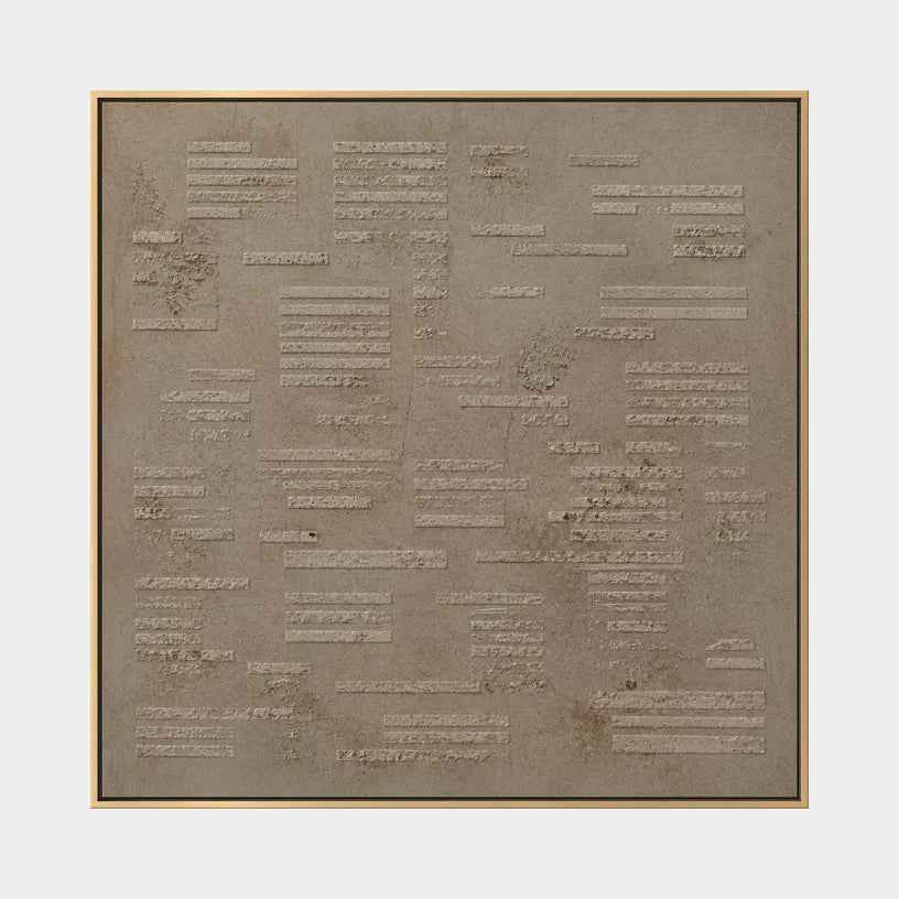 Wabi-Sabi abstract oil painting showing layered abstract marks, texture and expressive painterly movement in a brown palette.