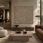 Wabi-Sabi abstract oil painting showing layered abstract marks, texture and expressive painterly movement in a brown palette.