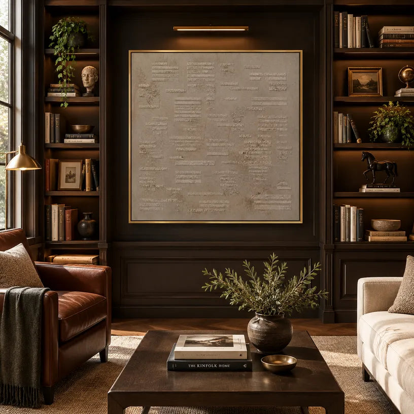Wabi-Sabi abstract oil painting showing layered abstract marks, texture and expressive painterly movement in a brown palette.