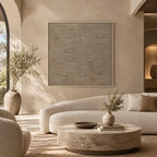 Wabi-Sabi abstract oil painting showing layered abstract marks, texture and expressive painterly movement in a brown palette.
