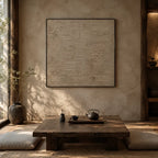Wabi-Sabi abstract oil painting showing layered abstract marks, texture and expressive painterly movement in a brown palette.