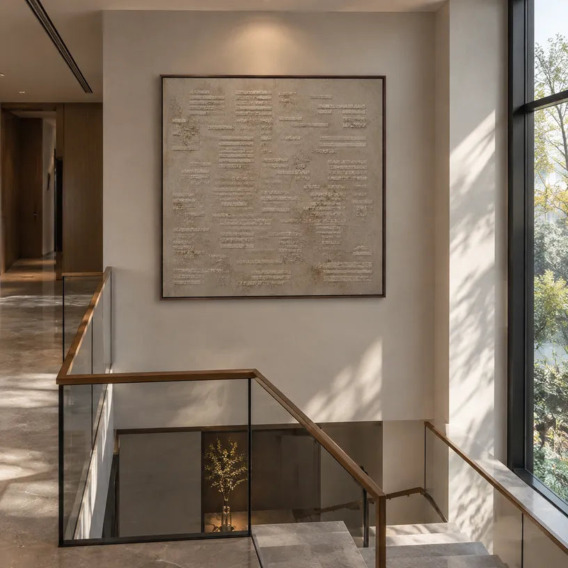 Wabi-Sabi abstract oil painting showing layered abstract marks, texture and expressive painterly movement in a brown palette.