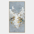 Peinture à l'huile de paysages, de marines et de paysages urbains Wabi-Sabi présentant un paysage atmosphérique, un paysage marin ou une composition inspirée de la ville dans une palette de gris.