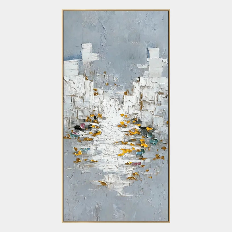 Wabi-Sabi abstract oil painting showing layered abstract marks, texture and expressive painterly movement in a grey palette.