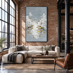 Wabi-Sabi abstract oil painting showing layered abstract marks, texture and expressive painterly movement in a grey palette.