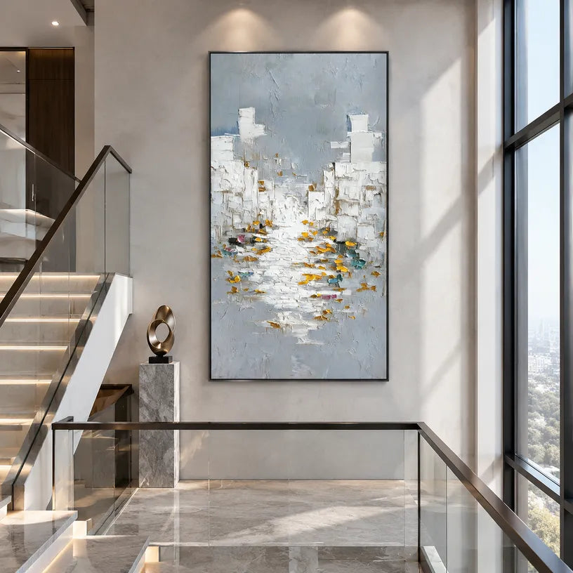 Wabi-Sabi abstract oil painting showing layered abstract marks, texture and expressive painterly movement in a grey palette.