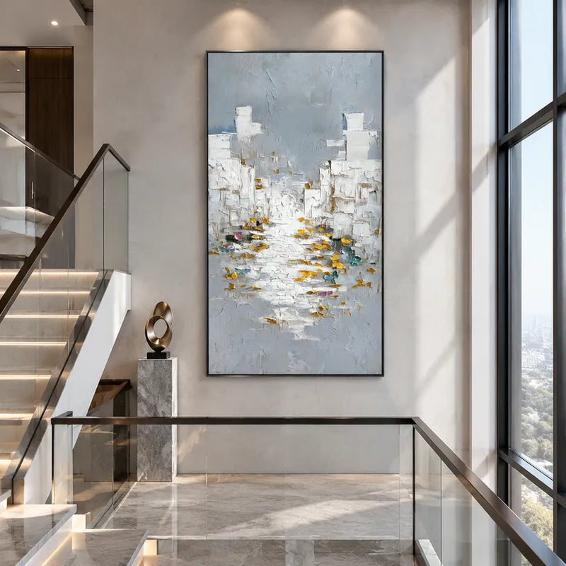 Peinture à l'huile de paysages, de marines et de paysages urbains Wabi-Sabi présentant un paysage atmosphérique, un paysage marin ou une composition inspirée de la ville dans une palette de gris.