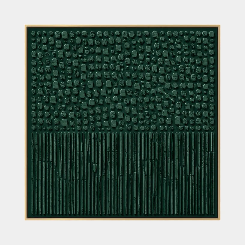 Wabi-Sabi abstract oil painting showing layered abstract marks, texture and expressive painterly movement in a green palette.