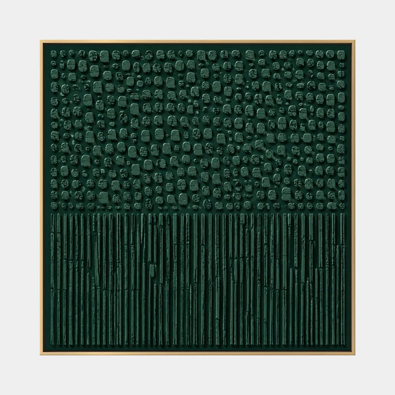 Peinture à l'huile abstraite et conceptuelle Wabi-Sabi présentant des marques abstraites superposées, une texture et un mouvement pictural expressif dans une palette verte.