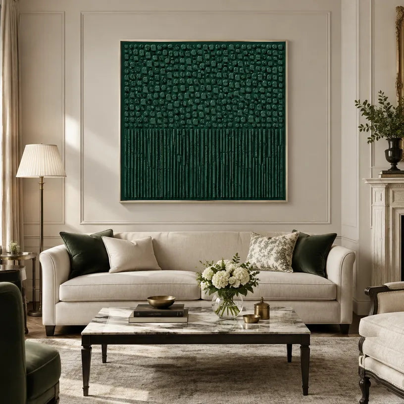 Wabi-Sabi abstract oil painting showing layered abstract marks, texture and expressive painterly movement in a green palette.