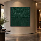Wabi-Sabi abstract oil painting showing layered abstract marks, texture and expressive painterly movement in a green palette.