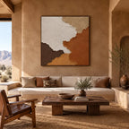 Wabi-Sabi abstract oil painting showing layered abstract marks, texture and expressive painterly movement in a brown palette.